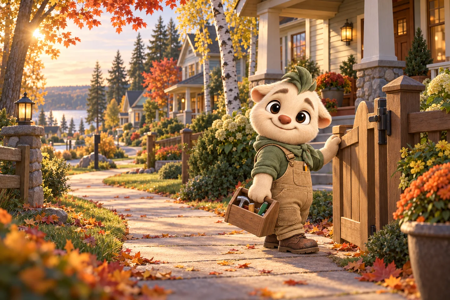 Hugo carrying a toolbox along a leafy lane of cozy Minnesota-inspired homes in Pinecone Bend