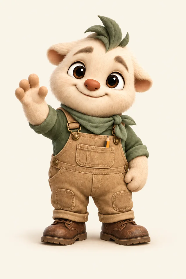 Hugo, a friendly cream-furred creature in green workwear and tan overalls, waving hello