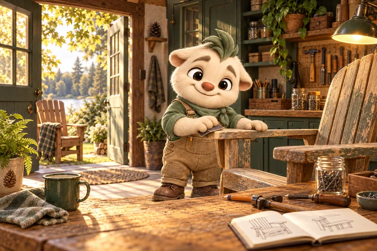 Hugo carefully mending a wooden chair in a sunlit workshop, with a spare chair waiting by the open door