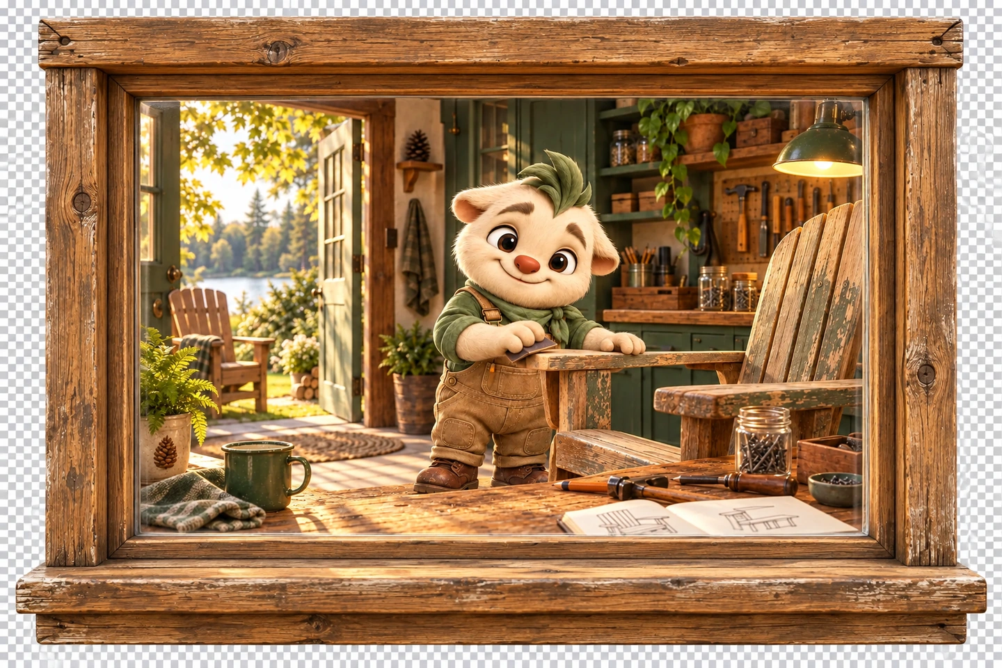 Looking through a wooden window into Hugo’s sunlit workshop as he works on a chair